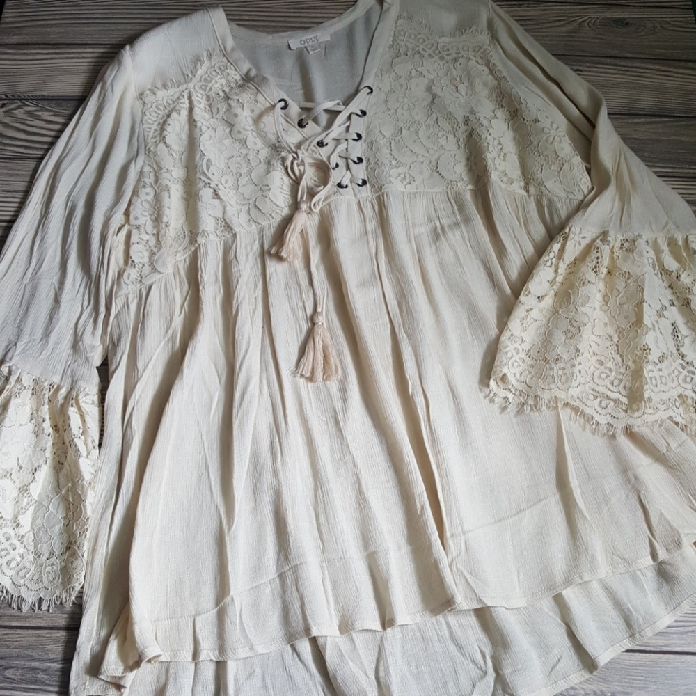 Plus Size Natural Lace Up Blouse - Picture 2 of 6